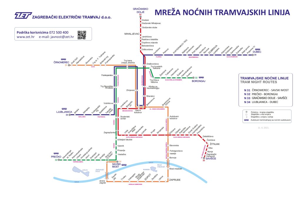 Plano de los Tranvías nocturnos de Zagreb