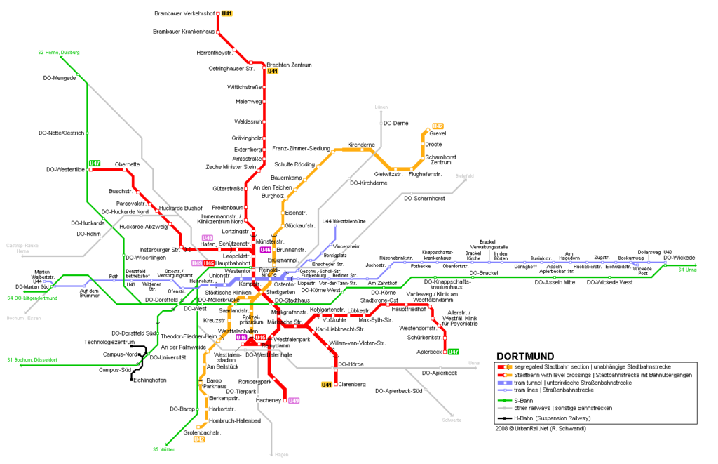 Mapa de los tranvías de Dortmund